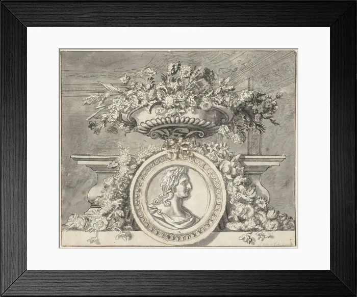 Framed Print : Vase with flowers, and a medallion, c.1692-c.1749. Creator: Jan van Huysum Framed Print : Vase with flowers, and a medallion, c.1692-c.1749. Creator: Jan van Huysum