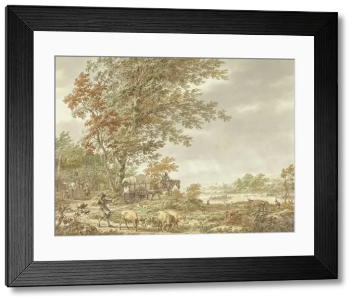 Framed Print : Hilly landscape with swineherd, a river in the distance, 1791. Creator: Jacob Cats Framed Print : Hilly landscape with swineherd, a river in the distance, 1791. Creator: Jacob Cats