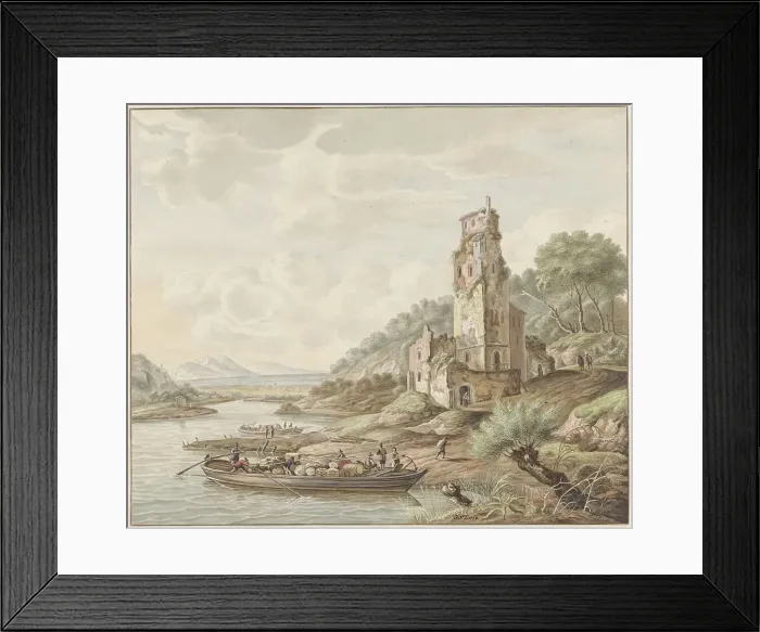 Framed Print : Landscape with loaded barge near a castle, 1776. Creator: Jan van Lockhorst Framed Print : Landscape with loaded barge near a castle, 1776. Creator: Jan van Lockhorst