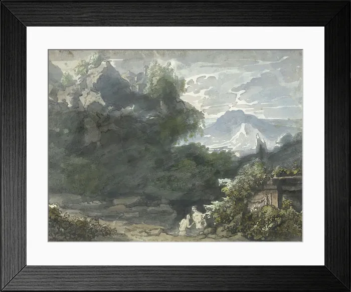 Framed Print : Bathers at ancient monument in mountainous landscape, c.1706-c.1759. Creator: Jacob van Liender Framed Print : Bathers at ancient monument in mountainous landscape, c.1706-c.1759. Creator: Jacob van Liender