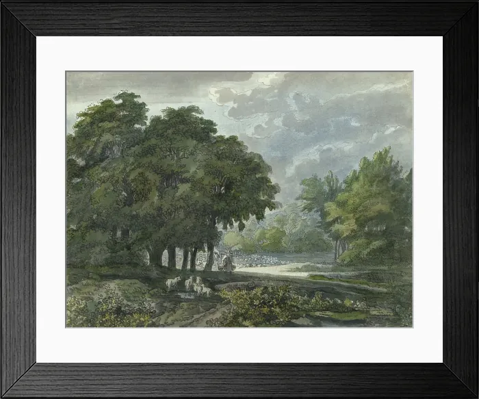 Framed Print : Shepherds with herd in a wooded landscape, 1706-1759. Creator: Jacob van Liender Framed Print : Shepherds with herd in a wooded landscape, 1706-1759. Creator: Jacob van Liender