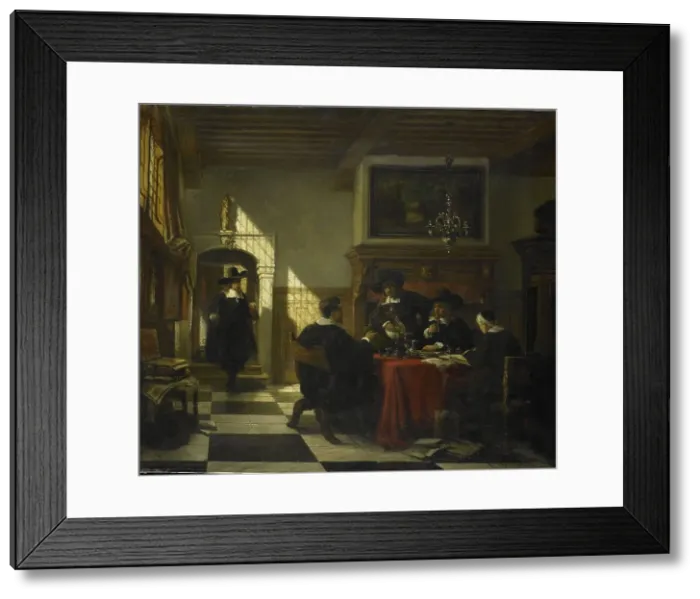 Framed Print : Group of men in 17th-century costume at a table with a Nautilus cup, 1873. Creator: Johannes Anthonie Balthasar Stroebel Framed Print : Group of men in 17th-century costume at a table with a Nautilus cup, 1873. Creator: Johannes Anthonie Balthasar Stroebel