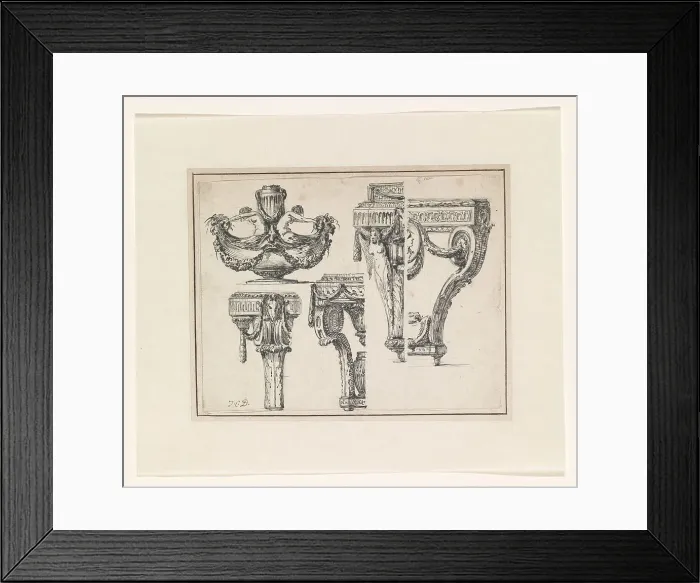 Framed Print : Two designs for tables, stands, a vase and a bowl on a stand, c.1765-c.1780. Creator: Jean Charles Delafosse Framed Print : Two designs for tables, stands, a vase and a bowl on a stand, c.1765-c.1780. Creator: Jean Charles Delafosse