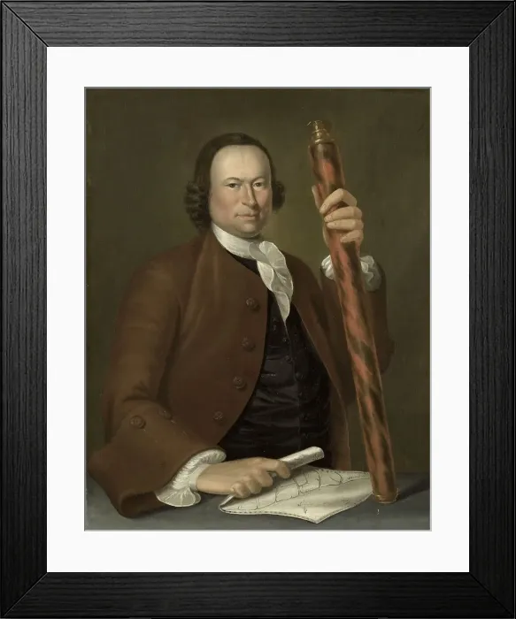 Framed Print : Portrait of an Officer at Sea with Coastal Map and Binoculars in his Hand, 1760. Creator: John Greenwood Framed Print : Portrait of an Officer at Sea with Coastal Map and Binoculars in his Hand, 1760. Creator: John Greenwood