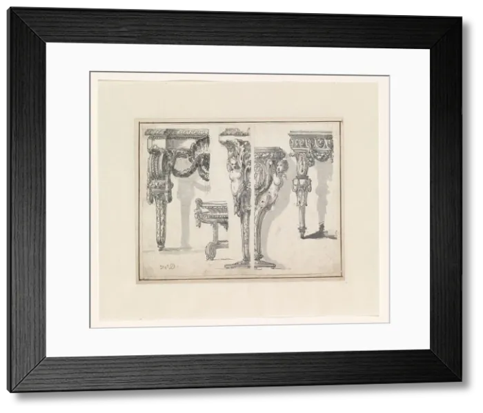 Framed Print : Two designs for tables, stands, a vase and a bowl on a stand, c.1765-c.1780. Creator: Jean Charles Delafosse Framed Print : Two designs for tables, stands, a vase and a bowl on a stand, c.1765-c.1780. Creator: Jean Charles Delafosse