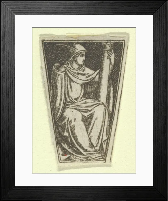 Framed Print : The cardinal virtue of Fortitude represented by a seated woman, her right hand on... ca. 1480-1520. Creator: Anon Framed Print : The cardinal virtue of Fortitude represented by a seated woman, her right hand on... ca. 1480-1520. Creator: Anon