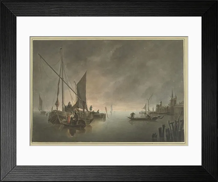 Framed Print : Ships in front of a walled city at sunset, 1730-1771. Creator: Jan Matthias Cok Framed Print : Ships in front of a walled city at sunset, 1730-1771. Creator: Jan Matthias Cok