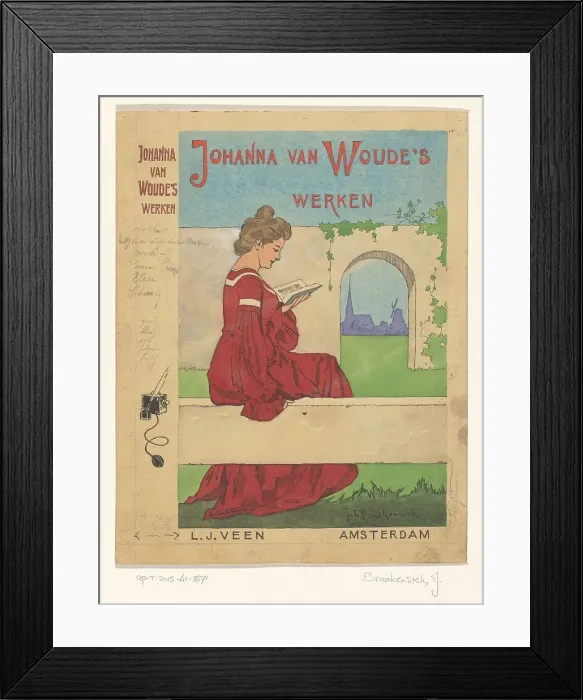 Framed Print : Book cover design for the series: Johanna van Woude's Werken...1905 or earlier. Creator: Johan Coenraad Braakensiek Framed Print : Book cover design for the series: Johanna van Woude's Werken...1905 or earlier. Creator: Johan Coenraad Braakensiek