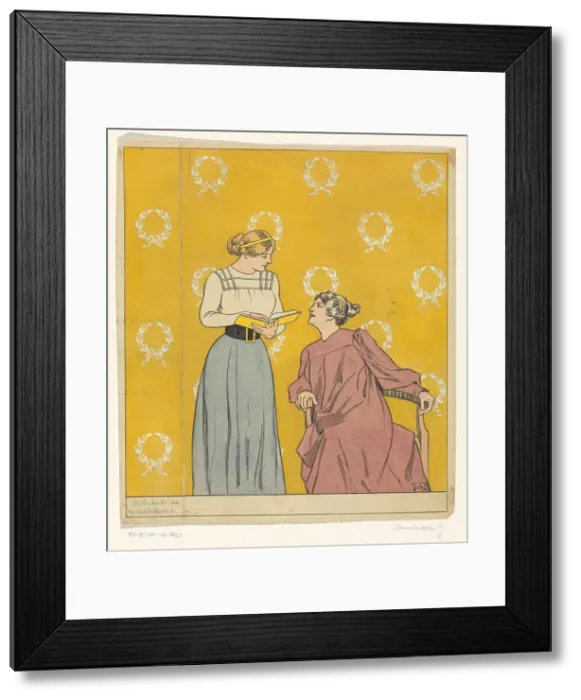 Framed Print : Book cover design: two women with a book, 1868-1940. Creator: Johan Coenraad Braakensiek Framed Print : Book cover design: two women with a book, 1868-1940. Creator: Johan Coenraad Braakensiek