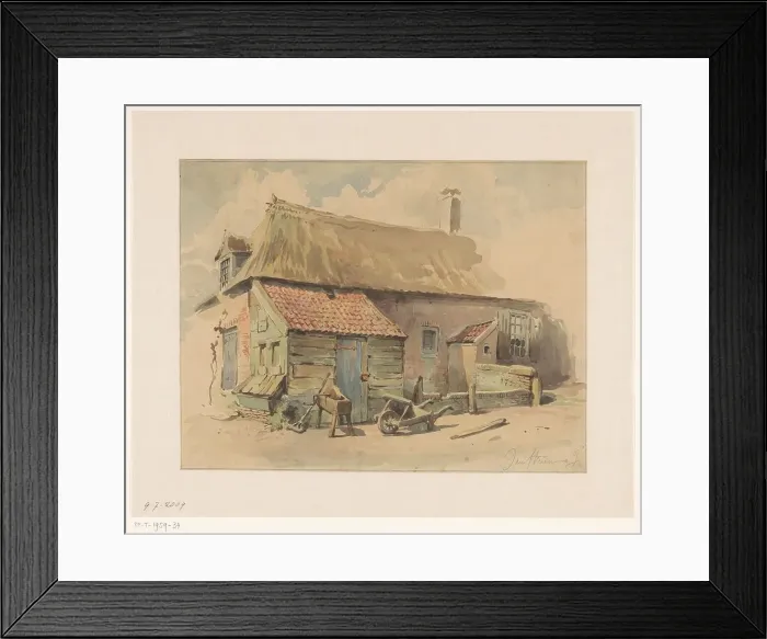 Framed Print : Farmhouse with wooden extension, wheelbarrow and grinding stone, 1837-1903. Creator: Jan Striening Framed Print : Farmhouse with wooden extension, wheelbarrow and grinding stone, 1837-1903. Creator: Jan Striening