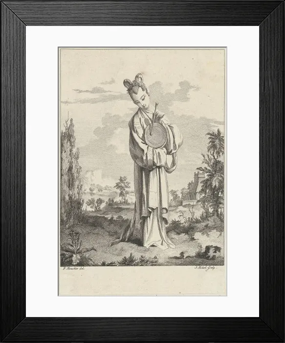 Framed Print : Chinoiserie with a woman playing a gong, from Suite de Figures Chinoises...Tiré du Ca... 1755-76. Creator: Jean-Pierre Houel Framed Print : Chinoiserie with a woman playing a gong, from Suite de Figures Chinoises...Tiré du Ca... 1755-76. Creator: Jean-Pierre Houel