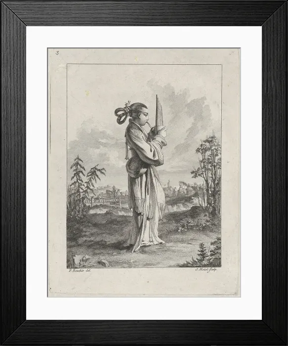 Framed Print : Chinoiserie with a woman playing the mouth organ, from Suite de Figures Chinoises...T... 1755-76. Creator: Jean-Pierre Houel Framed Print : Chinoiserie with a woman playing the mouth organ, from Suite de Figures Chinoises...T... 1755-76. Creator: Jean-Pierre Houel