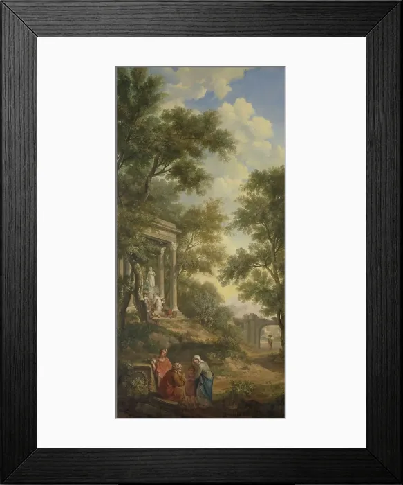 Framed Print : Arcadian landscape with a temple on the left and a seated old man in the foreground, 1771. Creator: Juriaan Andriessen Framed Print : Arcadian landscape with a temple on the left and a seated old man in the foreground, 1771. Creator: Juriaan Andriessen