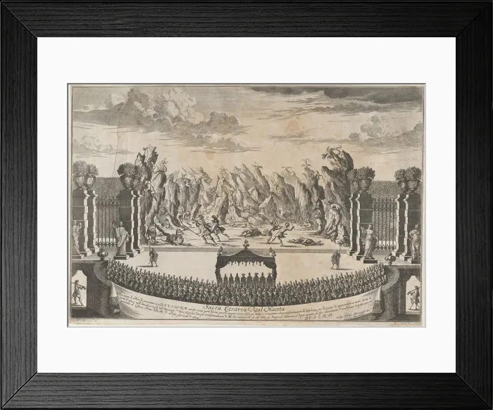 Framed Print : The royal family sitting under a canopy, watching dancers perform the opening ballet o... ca. 1700. Creator: Johann Ulrich Kraus Framed Print : The royal family sitting under a canopy, watching dancers perform the opening ballet o... ca. 1700. Creator: Johann Ulrich Kraus