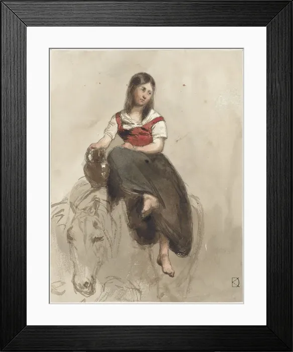 Framed Print : Woman sitting on a horse with jug, 1841-1857. Creator: Johan Daniel Koelman Framed Print : Woman sitting on a horse with jug, 1841-1857. Creator: Johan Daniel Koelman