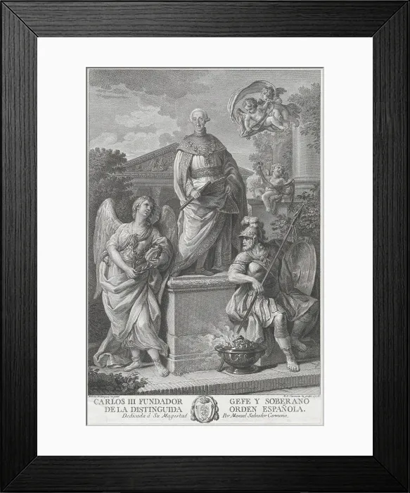 Framed Print : Allegorical portrait of Carlos III standing on a pedestal flanked by figures (War and Peac... 1778. Creator: Manuel Salvador Carmona) Framed Print : Allegorical portrait of Carlos III standing on a pedestal flanked by figures (War and Peac... 1778. Creator: Manuel Salvador Carmona)