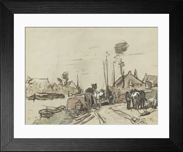 Framed Print : Unloading carts at a canal, 1864-1936. Creator: Johannes Cornelis van Essen Framed Print : Unloading carts at a canal, 1864-1936. Creator: Johannes Cornelis van Essen
