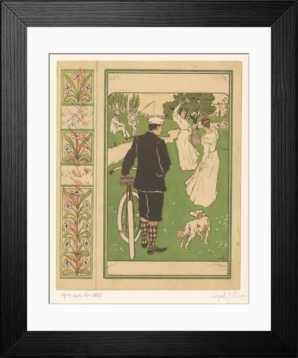 Framed Print : Book cover design, man with bicycle and badminton players, 1880-1928. Creator: Johann Georg van Caspel Framed Print : Book cover design, man with bicycle and badminton players, 1880-1928. Creator: Johann Georg van Caspel
