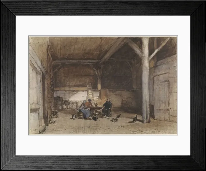 Framed Print : Farmers interior with two men and a woman at a table, also a few chickens and cats, 1827-1891. Creator: Johannes Bosboom Framed Print : Farmers interior with two men and a woman at a table, also a few chickens and cats, 1827-1891. Creator: Johannes Bosboom
