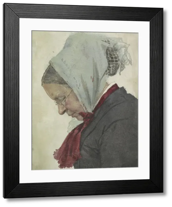 Framed Print : Old woman with headscarf and red scarf, 1874-1925. Creator: Jan Veth Framed Print : Old woman with headscarf and red scarf, 1874-1925. Creator: Jan Veth