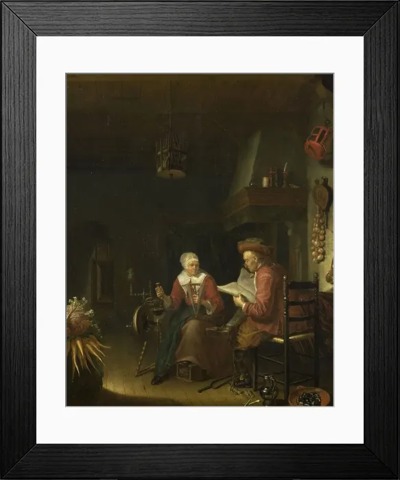 Framed Print : Interior with a man reading and a woman spinning yarn, 1660-1676. Creator: Domenicus van Tol Framed Print : Interior with a man reading and a woman spinning yarn, 1660-1676. Creator: Domenicus van Tol