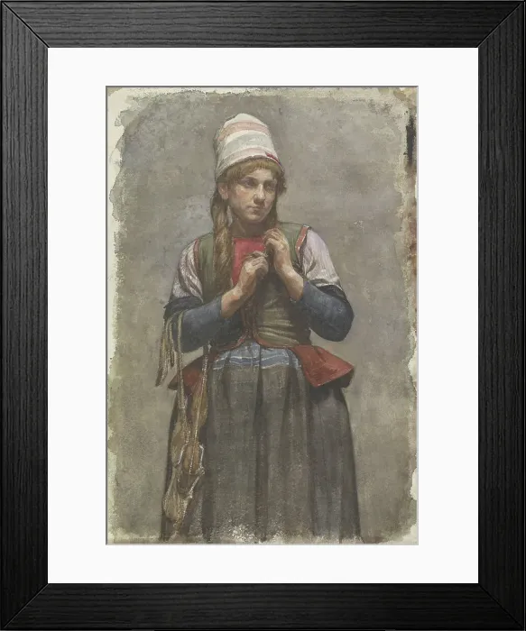 Framed Print : Standing girl in traditional costume with skates, 1874-1925. Creator: Jan Veth Framed Print : Standing girl in traditional costume with skates, 1874-1925. Creator: Jan Veth