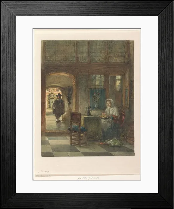 Framed Print : Woman peeling apples, and a man in the hallway, 1831-1892. Creator: Johannes Anthonie Balthasar Stroebel Framed Print : Woman peeling apples, and a man in the hallway, 1831-1892. Creator: Johannes Anthonie Balthasar Stroebel