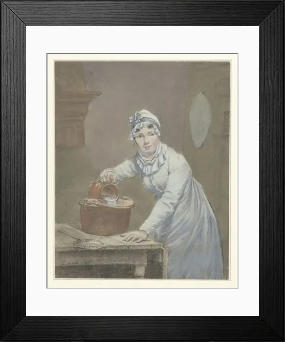 Framed Print : Maid pours milk into a saucepan, 1799. Creator: Jean Baptiste Mallett Framed Print : Maid pours milk into a saucepan, 1799. Creator: Jean Baptiste Mallett