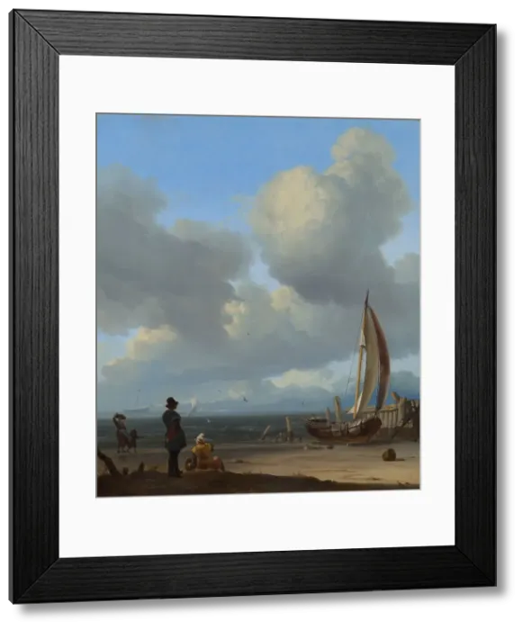 Framed Print : An extensive seascape with figures by a boat on a shore, 1667. Creator: Ludolf Bakhuizen