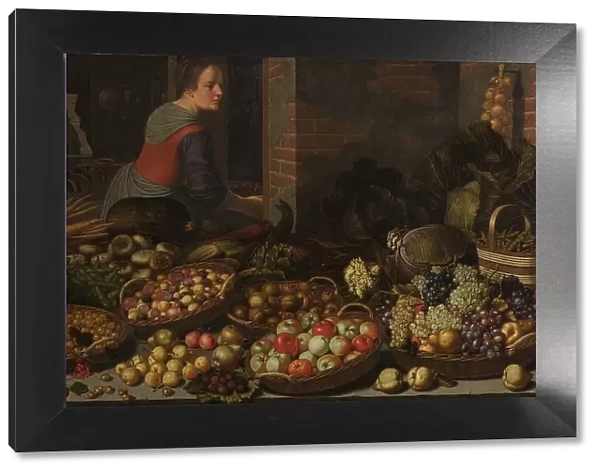 Still Life with Fruit and Vegetables, with Christ at Emmaus in the background, c.1630. Creators: Jesus Christ, Floris van Schooten