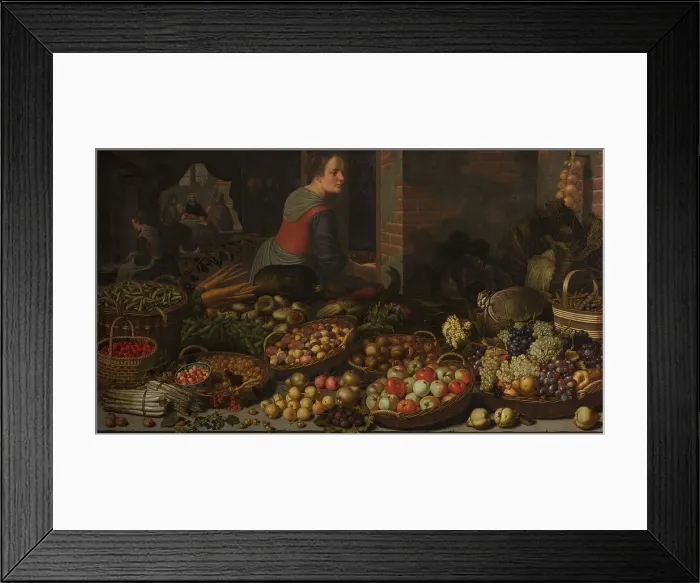 Framed Print : Still Life with Fruit and Vegetables, with Christ at Emmaus in the background, c.1630. Creators: Jesus Christ, Floris van Schooten Framed Print : Still Life with Fruit and Vegetables, with Christ at Emmaus in the background, c.1630. Creators: Jesus Christ, Floris van Schooten