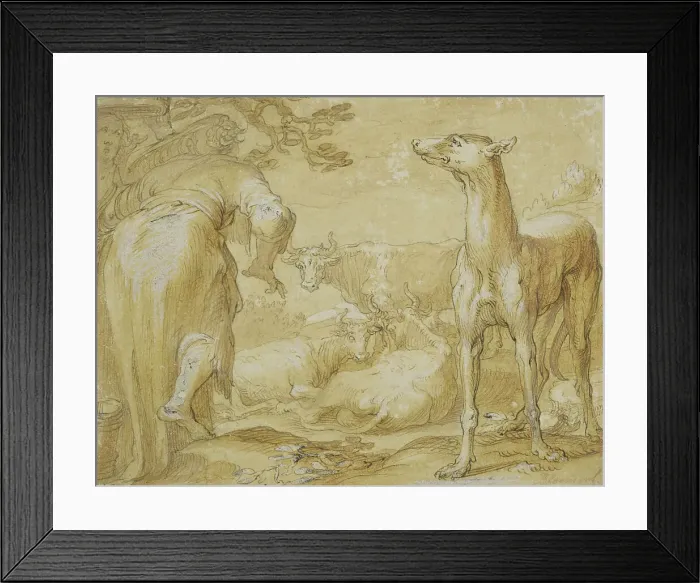 Framed Print : Landscape with two women, a greyhound and cattle. Creator: Unknown Framed Print : Landscape with two women, a greyhound and cattle. Creator: Unknown