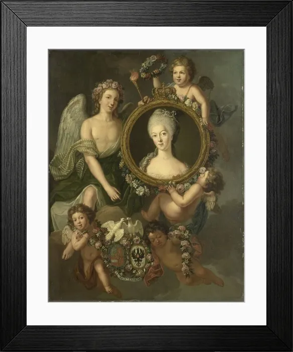 Framed Print : Portrait of Wilhelmina of Prussia in a medallion with allusions to her marriage to Prince William V Creator: Friedrich Reclam Framed Print : Portrait of Wilhelmina of Prussia in a medallion with allusions to her marriage to Prince William V Creator: Friedrich Reclam