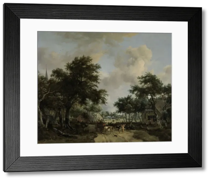 Framed Print : Wooded Landscape with Merrymakers in a Cart, c.1665. Creator: Meindert Hobbema Framed Print : Wooded Landscape with Merrymakers in a Cart, c.1665. Creator: Meindert Hobbema