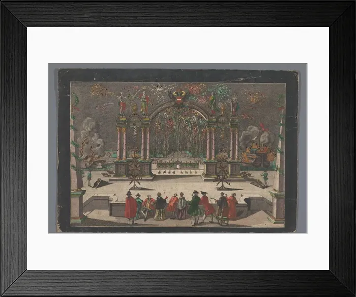 Framed Print : View of fireworks and a triumphal arch with a two-headed eagle and the name of Joseph... 1765-1799 Creator: Anon Framed Print : View of fireworks and a triumphal arch with a two-headed eagle and the name of Joseph... 1765-1799 Creator: Anon