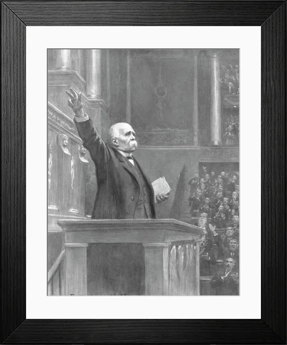 Framed Print : L'Apotheose du Droit; M. Clemenceau a la tribune de la Chambre, le 11 novembre 1918... 1918. Creator: J Simont Framed Print : L'Apotheose du Droit; M. Clemenceau a la tribune de la Chambre, le 11 novembre 1918... 1918. Creator: J Simont