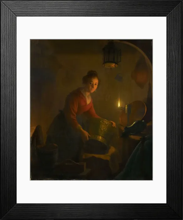 Framed Print : A Woman in a Kitchen by Candlelight, c.1830. Creator: Michiel Versteegh