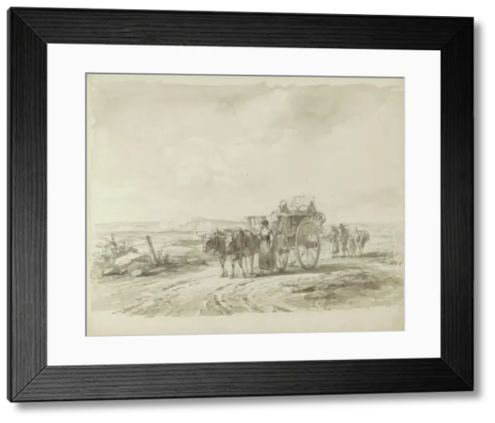 Framed Print : Ox cart and figures on a country road, 1800-1899. Creator: Anon Framed Print : Ox cart and figures on a country road, 1800-1899. Creator: Anon