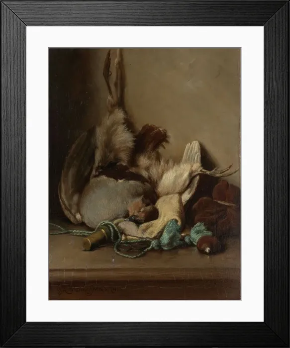 Framed Print : Still life with Wood Pigeon and Powder Horn, 1874. Creator: Guillaume Anne van der Brugghen Framed Print : Still life with Wood Pigeon and Powder Horn, 1874. Creator: Guillaume Anne van der Brugghen