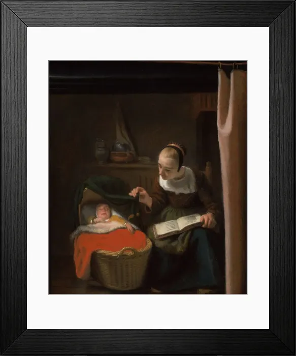 Framed Print : Young Woman at a Cradle, 1652-1662. Creator: Nicolaes Maes Framed Print : Young Woman at a Cradle, 1652-1662. Creator: Nicolaes Maes