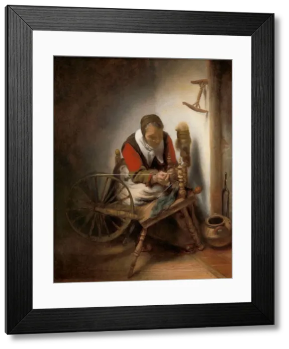 Framed Print : Woman spinning, 1652-1662. Creator: Nicolaes Maes Framed Print : Woman spinning, 1652-1662. Creator: Nicolaes Maes