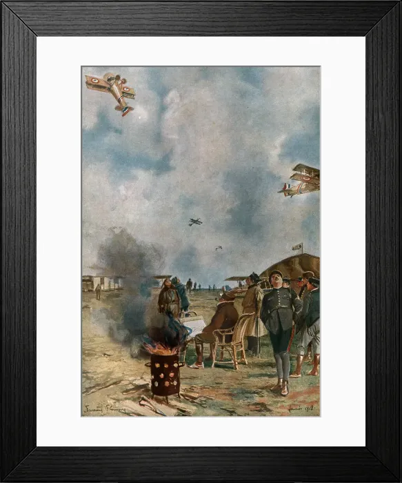 Framed Print : Notre Aviation de Guerre; Au centre de perfectionnement'; un renversement un peu... 1918. Creator: Francois Flameng. Notre Aviation de Guerre; Au centre de perfectionnement'; un renversement un peu... 1918 Framed Print : Notre Aviation de Guerre; Au centre de perfectionnement'; un renversement un peu... 1918. Creator: Francois Flameng. Notre Aviation de Guerre; Au centre de perfectionnement'; un renversement un peu... 1918