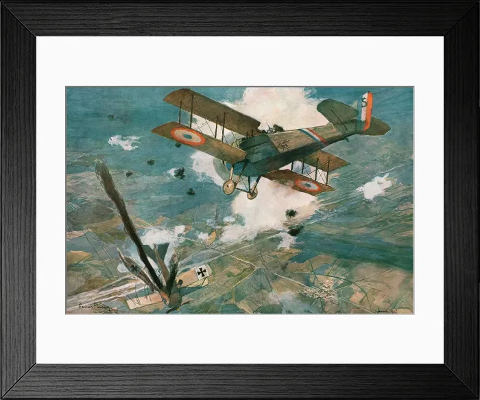Framed Print : Combat Aerien; L'avion ennemi s'abat en flammes. -- Le Spad vainqueur est encadre... 1918. Creator: Francois Flameng Framed Print : Combat Aerien; L'avion ennemi s'abat en flammes. -- Le Spad vainqueur est encadre... 1918. Creator: Francois Flameng