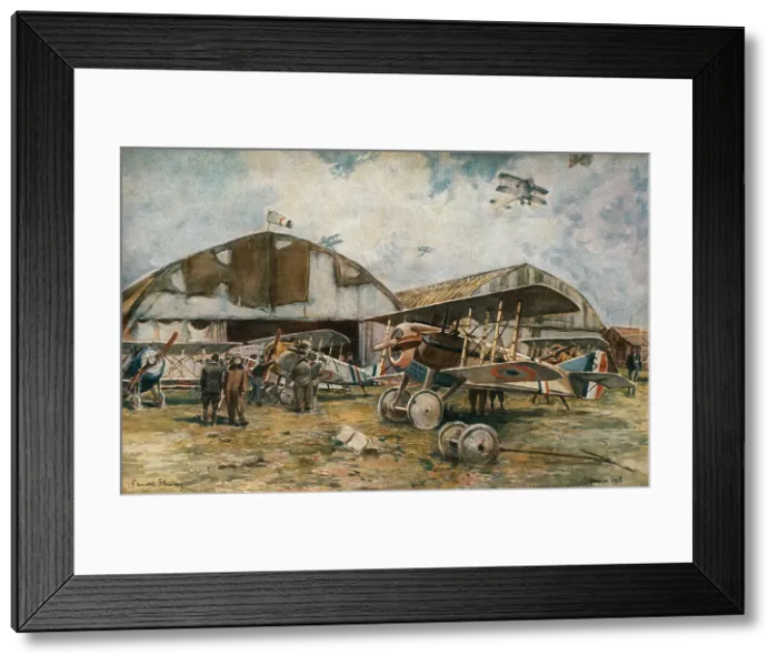 Framed Print : Combat Aerien; Devant les hangars d, une escadrille de chasse, 1918. Creator: Francois Flameng Framed Print : Combat Aerien; Devant les hangars d, une escadrille de chasse, 1918. Creator: Francois Flameng
