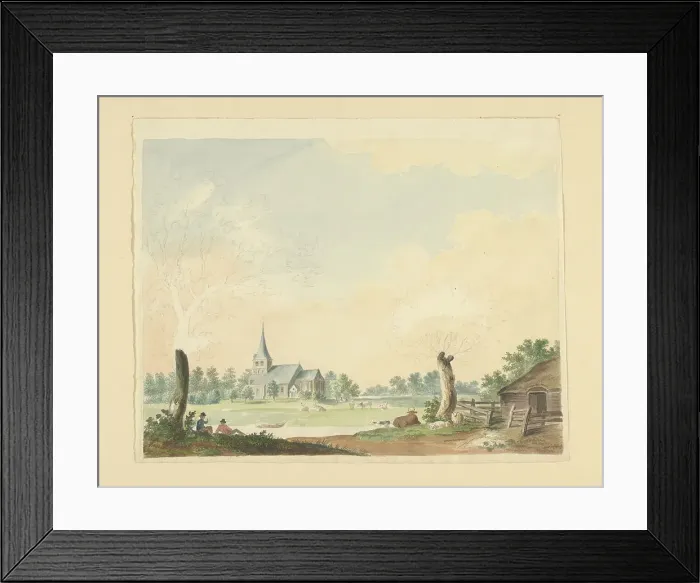 Framed Print : Landscape with a view of pasture on a church, 1700-1800. Creator: Anon Framed Print : Landscape with a view of pasture on a church, 1700-1800. Creator: Anon