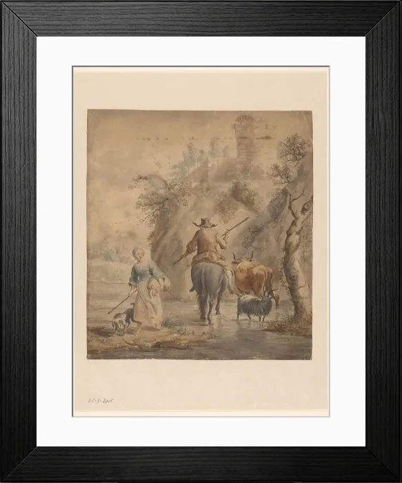 Framed Print : River landscape with a rider, wife and cattle, 1631-1733. Creator: Anon Framed Print : River landscape with a rider, wife and cattle, 1631-1733. Creator: Anon