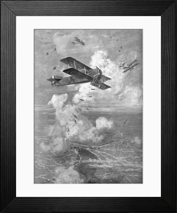 Framed Print : Combat Aerien; Un Bombardement Aerien; Avion Breguet Lancant ses bombes de 90, 1918. Creator: Unknown Framed Print : Combat Aerien; Un Bombardement Aerien; Avion Breguet Lancant ses bombes de 90, 1918. Creator: Unknown