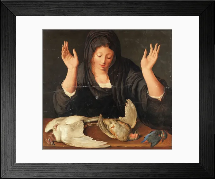 Framed Print : A young woman mourning a dead dove, a partridge, and a kingfisher, c.1620. Creator: Jacques de Gheyn II Framed Print : A young woman mourning a dead dove, a partridge, and a kingfisher, c.1620. Creator: Jacques de Gheyn II