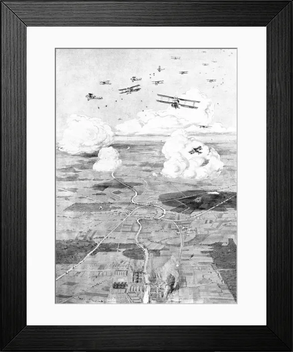 Framed Print : Combat Aerien; Un raid de jour; Escadre Francaise sur l'objectif; des usines au d'une... 1918. Creator: Etienne Cournault Framed Print : Combat Aerien; Un raid de jour; Escadre Francaise sur l'objectif; des usines au d'une... 1918. Creator: Etienne Cournault