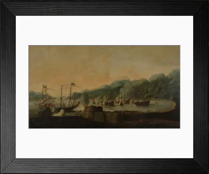 Framed Print : A Dutch Squadron under the Command of Cornelis Simonsz van der Veer Carrying Out a Surprise Attack o Creator: Hendrick van Anthonissen